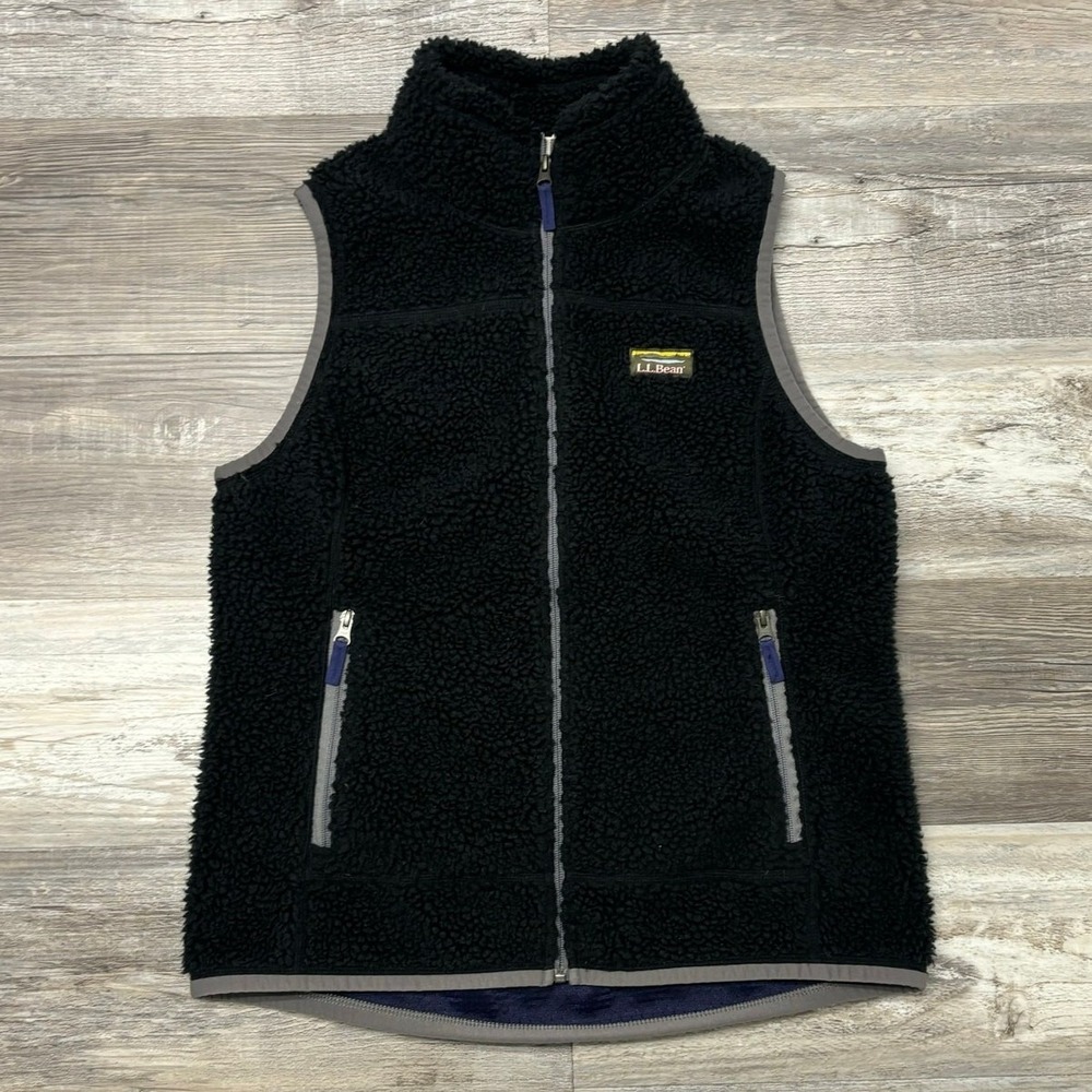 LL Bean Mountain Deep Pile Sherpa Fleece‎ Black Gray Mens S Full Zip Hiking Vest